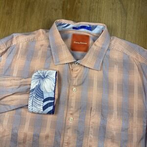 Tommy Bahama Long Sleeve Button Down Shirt Men's XL Orange Check Cotton Beach